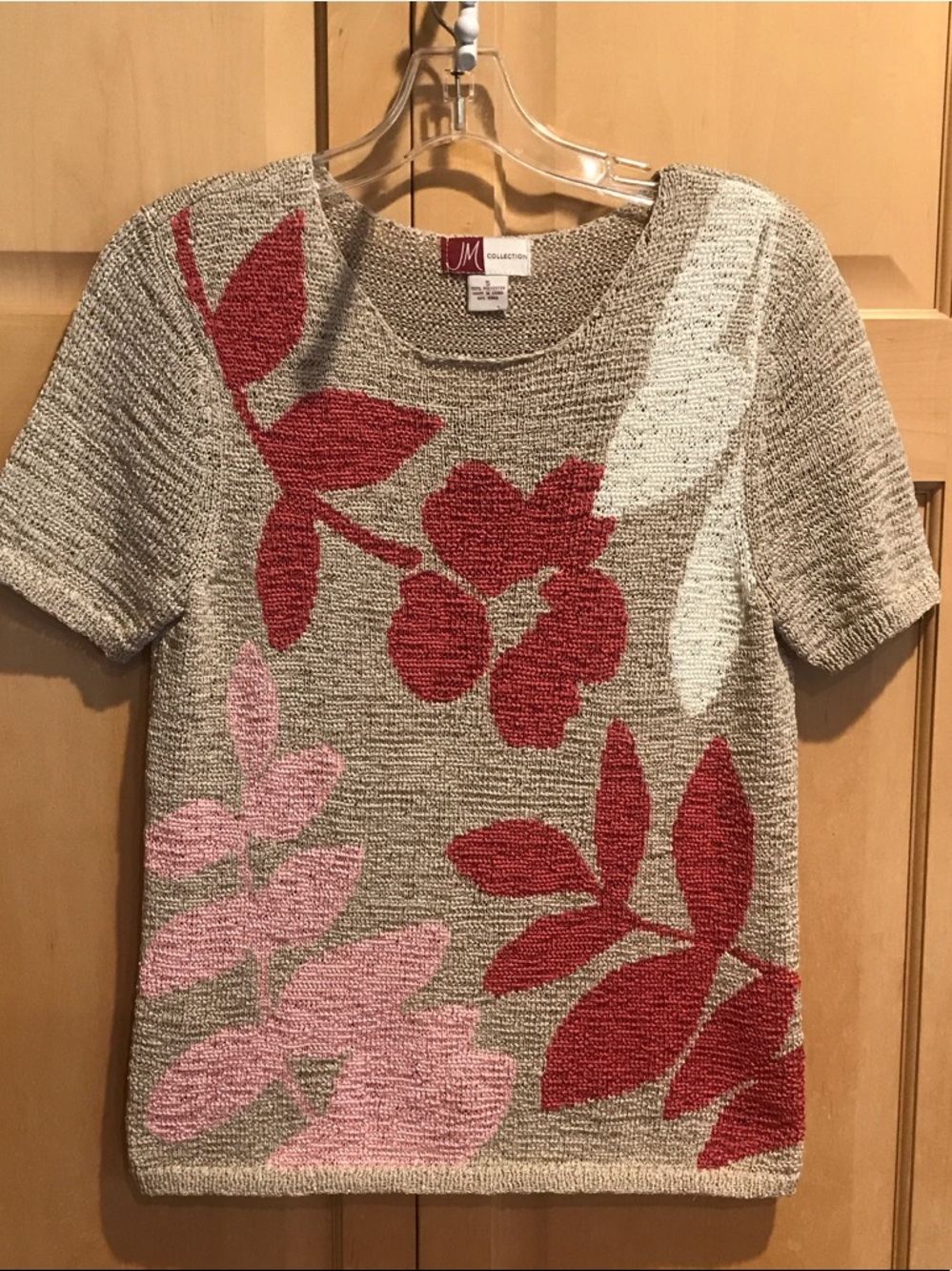 JM Collection Beige Knit Top with Dark Rose & Pink Floral Design